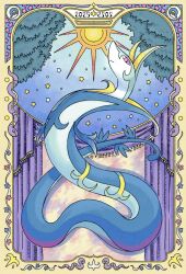  2025 border chinese_zodiac closed_mouth commentary curtains ekans full_body highres looking_at_viewer mint_nappa no_humans ornate_border pokemon pokemon_(creature) red_eyes serperior snake snivy star_(symbol) sun year_of_the_snake 