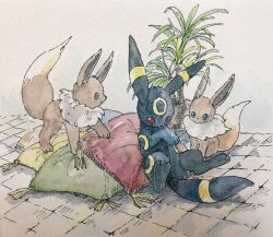  commentary_request eevee evolutionary_line full_body highres licking_self mint_nappa no_humans painting_(medium) pillow plant pokemon pokemon_(creature) potted_plant red_eyes tile_floor tiles traditional_media umbreon watercolor_(medium) 
