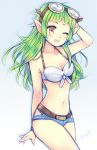  1girl ;d belt borrowed_character breasts cleavage cowboy_shot front-tie_top goggles goggles_on_head gradient gradient_background green_hair hand_on_head highres long_hair meawsy midriff navel one_eye_closed open_mouth original pointy_ears rynn_(acerailgun) short_shorts shorts signature smile solo yellow_eyes 