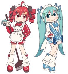  2girls ahoge alternate_costume apron aqua_eyes aqua_hair back_ribbon bandaid bandaid_on_leg blue_track_suit blush blush_stickers bow broom character_charm character_doll charm_(object) daily_danmi doll drill_hair enmaided frilled_apron frills full_body hair_between_eyes hair_bow hair_ornament hairpin hatsune_miku holding holding_broom holding_menu jacket kasane_teto leg_warmers long_hair long_sleeves looking_at_another maid maid_apron maid_headdress menu multiple_girls multiple_hair_bows multiple_hairpins open_mouth red_eyes red_hair red_track_suit ribbon shoes shorts single_blush_sticker smile sneakers spring_onion standing striped_clothes track_suit twin_drills twintails unconventional_maid utau very_long_hair vocaloid waist_apron white_apron white_background white_leg_warmers zipper 