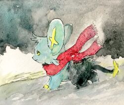  animal_focus commentary_request full_body grey_sky highres looking_ahead mint_nappa no_humans outdoors painting_(medium) pokemon pokemon_(creature) red_scarf scarf shinx sky snow solo traditional_media watercolor_(medium) winter yellow_eyes 
