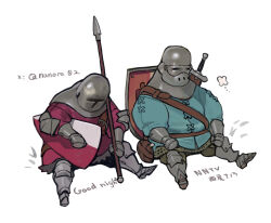  2others ambiguous_gender armored_boots artist_name belt blue_jacket boots brown_belt canteen carrying carrying_under_arm commentary_request couter english_text fat full_body gauntlets gorget green_pants grey_skirt head_down helm helmet holding holding_polearm holding_weapon jacket long_sleeves multiple_others nanora original other_focus pants polearm poleyn red_jacket scabbard sheath shield shield_on_back shoulder_belt side-by-side simple_background sitting skirt spear spread_legs sword sword_on_back twitter_username weapon weapon_on_back white_background writing 