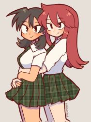  2girls alternate_costume black_hair blush breasts brown_eyes closed_mouth collared_shirt corrupted_twitter_file dark-skinned_female dark_skin ethan_(pokemon) genderswap genderswap_(mtf) green_skirt grey_background grey_eyes hair_between_eyes highres hug hug_from_behind long_hair looking_at_viewer low_twintails medium_breasts multiple_girls pleated_skirt pokemon pokemon_adventures red_hair school_uniform shirt short_hair short_sleeves short_twintails silver_(pokemon) simple_background skirt smile sofo_soup twintails unmoving_pattern white_shirt 