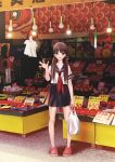  1girl apple bag blush brown_eyes brown_hair chikuwa_(glossymmmk) crocs food fruit fruit_stand full_body long_hair looking_at_viewer low_twintails original plastic_bag school_uniform serafuku skirt solo standing twintails waving 