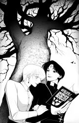  2boys 63roku63 alternate_universe androgynous black_hair blush chrollo_lucilfer clerical_collar closed_mouth cross_tattoo facial_mark forehead_mark forehead_tattoo greyscale highres hunter_x_hunter kurapika lips male_focus monochrome multiple_boys parted_lips priest shirt short_hair smile tattoo upper_body 
