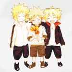  3boys blonde_hair child closed_eyes father_and_son flower grandfather_and_grandson grin hoodie jacket multiple_boys namikaze_minato naruto open_mouth sandals short_hair shorts smile uzumaki_boruto uzumaki_naruto younger yuno_(kirakiracosmic) 