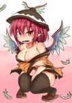  1girl animal_ears bare_shoulders bird_wings black_legwear black_panties blush breasts clothes_down collarbone curvy earrings embarrassed feathers japanese_clothes jewelry kimono large_breasts looking_at_viewer mystia_lorelei navel nukoimo open_mouth panties pink_eyes pink_hair sandals solo squatting tears thick_thighs thigh-highs thighs touhou underwear wardrobe_malfunction wide_hips winged_hat 