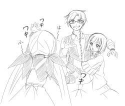  1boy 2girls :o absurdres angry back_bow black_shirt blush bow casual chaos;child claw_pose dress eibon glasses greyscale hair_bow highres hug hug_from_side long_hair long_sleeves low_twintails minamisawa_senri miyashiro_takuru monochrome multiple_girls multiple_hair_bows nervous_smile open_mouth petite pinafore_dress science_adventure shirt short_hair size_difference sleeveless sleeveless_dress smile sweater tachibana_yui tongue translation_request twintails very_long_hair watch watch 