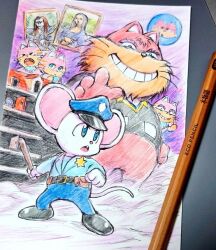  2boys 3others animal_ears animal_nose art_tools_in_frame baby_animal badge baton_(weapon) black_shirt black_shoes blue_eyes blue_hat blue_pants blue_shirt buck_teeth cameo cat cat_boy cat_ears cat_tail child coin colored_pencil colored_pencil_(medium) commentary computer crying door furry furry_male genpei_touma_den grin hat heika_(heikahp) holding_baton_(weapon) kitten mappy mewkies mona_lisa mouse_boy mouse_ears mouse_tail multiple_boys multiple_others nyamco open_mouth painting_(object) pants peaked_cap pencil police police_badge police_hat police_uniform policeman red_cat shirt shoes smile standing tail taira_no_kagekiyo teeth traditional_media weapon whiskers 