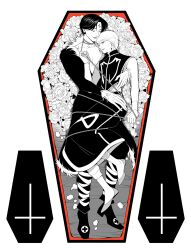  2boys 63roku63 androgynous black_hair chain chrollo_lucilfer closed_mouth coffin cross_tattoo earrings facial_mark forehead_mark forehead_tattoo full_body hand_chains highres hunter_x_hunter implied_yaoi jewelry kurapika lips long_sleeves male_focus monochrome multiple_boys multiple_rings red_eyes ring smile tattoo 