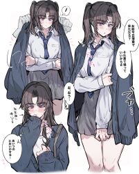  1boy absurdres ayase_ayato_(imamiya_pinoko) black_hair coat coat_on_shoulders crossdressing crossdressing_(mtf) highres imamiya_pinoko long_hair necktie original school_uniform simple_background thick_eyebrows trap twintails violet_eyes 