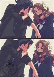 1boy 1girl absurdres aerith_gainsborough aerith_gainsborough_(midgard_seventh_high_school) black_hair black_jacket black_pants black_serafuku blue_shirt blush brown_hair closed_mouth couple feet_out_of_frame final_fantasy final_fantasy_vii final_fantasy_vii_ever_crisis flower green_eyes hair_flower hair_ornament hair_ribbon head_tilt highres jacket lips long_hair looking_at_another mask mask_pull mixed-language_commentary mouth_mask neckerchief official_alternate_costume pants parted_bangs pink_lips pink_ribbon ribbon school_uniform serafuku shikiwo shirt smile spiky_hair squatting sweatdrop white_neckerchief yellow_flower zack_fair zack_fair_(midgard_seventh_high_school) 