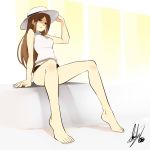  1girl arm_support barefoot black_eyes brown_hair darkmaya feet legs long_hair original panties shadow signature sitting sleeveless smile solo toes underwear 