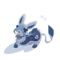  animal_focus blue_fur blush bow closed_eyes clothed_pokemon foznya full_body glaceon highres maid maid_headdress no_humans open_mouth pokemon pokemon_(creature) pokemon_focus simple_background solo tail two-tone_fur white_background 