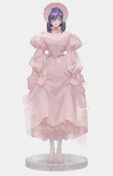  1boy absurdres barefoot bonnet commentary crossdressing crossdressing_(mtf) dress expressionless full_body glitch gundam gundam_00 hair_between_eyes highres huangdanlan long_sleeves looking_at_viewer male_focus outdoors pink_bonnet pink_dress puffy_sleeves purple_hair solo standing tieria_erde toenails trap 