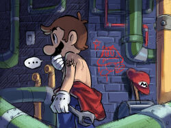  ... 1boy arm_tattoo black_eyes blue_pants brown_hair clothes_around_waist facial_hair gloves goomba hammer hat highres holding holding_wrench indoors industrial_pipe male_focus mario mario_hat mustache pants profile red_hat solo super_mario_bros. sweat tattoo topless_male tribal_tattoo unworn_hat unworn_headwear white_gloves wrench yamari_(ya_mari_6363) 