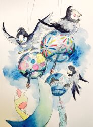  bird blue_eyes commentary_request highres mint_nappa no_humans painting_(medium) pokemon red_eyes starly traditional_media watercolor_(medium) white_background wind_chime wind_chime_focus 