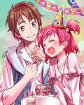  1boy 1girl brown_hair cake closed_eyes eating food happy_birthday hat highres isedaichi_ken kokoda_kouji open_mouth party_hat pink_hair precure saliva short_hair smile yes!_precure_5 yumehara_nozomi 