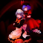  2girls alternate_costume apron arm_warmers blue_eyes braid cross crossed_arms dated dress halloween highres izayoi_sakuya lavender_hair looking_at_viewer maid maid_apron maid_headdress mary_janes multiple_girls nail_polish red_dress red_eyes remilia_scarlet ruffled_cuffs ruffled_sleeves shoes short_hair signature silver_hair socks touhou twin_braids 
