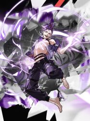  1boy choker dragon_boy_(to_be_hero_x) full-body_tattoo hawaiian_shirt highres male_focus mohawk open_clothes open_shirt pants promotional_art purple_hair purple_pants purple_shirt sd2190392804 sharp_teeth shirt solo tattoo teeth to_be_hero to_be_hero_x 