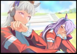 2girls animal_ears aqua_bow blue_sky blunt_bangs blush bow breasts closed_mouth clouds ear_bow ear_ribbon gold_ship_(umamusume) grass grey_hair gym_shirt hat highres horse_ears horse_girl jacket lampy_uikoko long_hair long_sleeves looking_at_another mejiro_mcqueen_(umamusume) multiple_girls outdoors pants parted_lips pillbox_hat purple_bow purple_hair red_jacket red_pants red_track_suit shirt sky smile sweat tracen_training_uniform track_jacket track_pants track_suit umamusume violet_eyes 