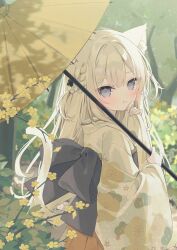  1girl :t animal_ear_fluff animal_ears back_bow black_bow blush bow braid brown_hakama brown_umbrella cat_ears cat_girl cat_tail closed_mouth commentary_request day floral_print flower forest grey_eyes grey_kimono hair_between_eyes hakama hakama_skirt hand_up highres holding holding_umbrella hoshi_(snacherubi) japanese_clothes kimono long_hair long_sleeves looking_at_viewer looking_to_the_side nature obi oil-paper_umbrella original outdoors pinching_sleeves print_kimono sash skirt solo tail tree umbrella very_long_hair white_hair wide_sleeves yellow_flower 
