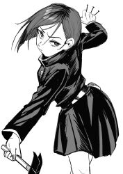  1girl belt claw_hammer gakuran greyscale hammer high_collar highres holding holding_hammer holding_nail jujutsu_kaisen jujutsu_tech_uniform kugisaki_nobara long_sleeves michibata_anko monochrome nail_(hardware) school_uniform short_hair simple_background solo swept_bangs twisted_torso white_background 