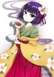  1girl cup floral_print flower hair_flower hair_ornament hieda_no_akyuu japanese_clothes kimono mos_194 purple_hair ribbon short_hair smile solo tea teacup touhou violet_eyes 