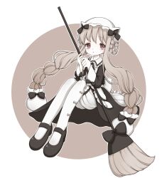  1girl animal_ears black_bow black_bowtie bloomers bow bowtie braid broom fake_animal_ears grey_hair hair_ornament highres magical_girl mahou_shoujo_ikusei_keikaku mahou_shoujo_ikusei_keikaku_restart maid nokko-chan pantyhose qoo_1025 red_eyes twin_braids white_pantyhose 