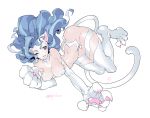  animal_ears blue_eyes blue_hair cat_paws cat_tail fang felicia fishine one_eye_closed open_mouth paws signature tail vampire_(game) white_background 
