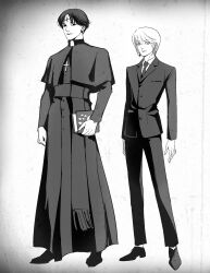 2boys 63roku63 alternate_universe androgynous black_hair black_robe chrollo_lucilfer clerical_collar closed_mouth cross_tattoo facial_mark forehead_mark forehead_tattoo full_body greyscale highres hunter_x_hunter kurapika male_focus monochrome multiple_boys priest robe shirt short_hair tattoo 