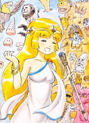  2girls bat_(animal) bird black_hair blonde_hair blue_sky bracelet breasts circlet dinosaur dress druaga_no_tou eagle elbow_gloves gloves gold_bracelet gold_circlet hands_up heika_(heikahp) holding holding_staff ishtar_(druaga_no_tou) jewelry ki_(druaga) lion long_hair medium_breasts mimic mimic_chest monster multiple_bracelets multiple_girls necklace open_mouth orange_gloves orange_thighhighs rock single_strap sky slime_(creature) smile staff thigh-highs tight_clothes tight_dress tower traditional_media treasure_chest very_long_hair white_dress yeti_(creature) 