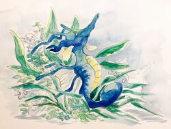  animal_focus commentary_request full_body highres horsea kingdra leaf looking_ahead mint_nappa no_humans painting_(medium) pokemon pokemon_(creature) red_eyes seaweed simple_background traditional_media watercolor_(medium) 