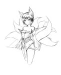  1girl ahri alternate_breast_size alternate_hair_length alternate_hairstyle animal_ears bare_shoulders cowboy_shot cropped_legs detached_sleeves dress fox_ears fox_tail kerasu korean_clothes league_of_legends multiple_tails sketch small_breasts solo strapless_dress tail whisker_markings 