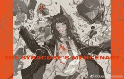  1girl animal_ears arknights bang_dream! bang_dream!_it&#039;s_mygo!!!!! blood blood_on_clothes blood_on_face card chinese_commentary collared_shirt commentary_request food fruit gun highres jacket kemonomimi_mode looking_at_viewer lying medium_hair monochrome necktie on_back parted_lips playing_card pomegranate qua_zhi_jingbao_wajue_ji shirt solo spot_color watermark weapon weibo_watermark wolf_ears wolf_girl yahata_umiri yahata_umiri_(moonlight_executioner) 