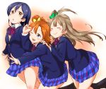  3girls :o ^_^ blue_eyes blush bow bowtie brown_eyes brown_hair closed_eyes hair_bow highres hug hug_from_behind kousaka_honoka ksk_(semicha_keisuke) long_hair love_live!_school_idol_project minami_kotori multiple_girls one_eye_closed orange_hair school_uniform side_ponytail skirt smile sonoda_umi 