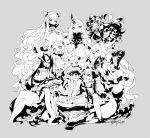  1boy 6+girls :q admiral_(kantai_collection) ahoge aircraft_carrier_hime airfield_hime battleship-symbiotic_hime blush breasts cleavage crossed_legs dress fishine gauntlets greaves grin heart highres hood horn horns isolated_island_oni jacket kantai_collection large_breasts long_hair midway_hime mittens monochrome multiple_girls northern_ocean_hime open_mouth re-class_battleship scarf seaport_hime shinkaisei-kan short_hair shota_admiral_(kantai_collection) side_ponytail simple_background smile tail tongue tongue_out very_long_hair wo-class_aircraft_carrier 