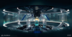  1other ben_lo cable coat concept_art core full_body hexagon_print highres indoors mass_effect_(series) mini_person painterly scenery science_fiction scientist solo standing white_coat 