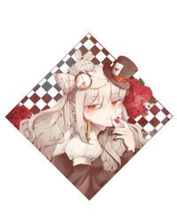  1girl absurdres ace_(playing_card) ace_of_hearts animal_on_head arch_bishop_(ragnarok_online) black_background black_dress black_hat blush braid card checkered_background clock_hair_ornament closed_mouth commentary_request cone_hair_bun covering_own_mouth dress flower grey_hair hair_bun hat heart highres juliet_sleeves long_hair long_sleeves looking_at_viewer mini_hat mini_top_hat muka_(vive1324) on_head orange_eyes playing_card pocket_watch puffy_sleeves rabbit rabbit_on_head ragnarok_online red_flower red_rose rose smile solo top_hat two-tone_dress upper_body watch wavy_hair white_background white_dress 