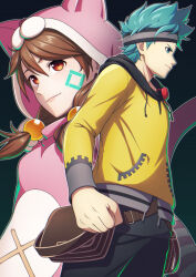  1boy 1girl aizaki_momo animal_costume anonymous;code aqua_eyes aqua_hair black_pants brown_eyes brown_hair cat_costume cat_tail costume dress fanny_pack headband highres hood hood_down hooded_jacket jacket long_hair pants science_adventure short_hair sweater sweater_dress taba_neruko tail takaoka_pollon twintails yellow_jacket 