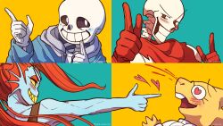  2024 2boys 2d 2girls alphys anthro aqua_background armor artist_name black_eyepatch black_tank_top blue_jacket blue_skin brothers buck_teeth cape coat colored_sclera digital_media dinosaur dinosaur_girl duo ear_fins edit eyepatch female fins fish fish_girl glasses gloves grey_hood grin head_fins heart heart-shaped_eyes heart_eyes high_ponytail highres hollow_eyes hood hood_down hooded_jacket humanoid index_finger_raised jacket lab_coat leaning_backward lizard lizard_girl long_hair male monster monster_boy monster_girl multiple_boys multiple_girls nosebleed open_clothes open_jacket open_mouth papyrus_(undertale) pointing ponytail portrait red_cape red_gloves red_hair reptile reptile_girl sans_(undertale) scalie sharp_teeth shirt siblings simple_background skeleton slit_pupils smile social_media_composition soto_undertale stitched tank_top teeth third-party_edit twitter_username two-tone_background undead undertale undyne utdr_(toby_fox) white_armor white_coat white_shirt yellow_background yellow_sclera yellow_skin yellow_teeth 