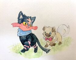  animal_focus blue_scarf bow commentary_request full_body highres litten looking_back mint_nappa no_humans open_mouth painting_(medium) pokemon pokemon_(creature) red_bow rockruff scarf traditional_media walking watercolor_(medium) yellow_eyes 