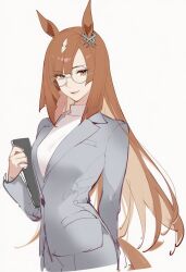  1girl aged_up ai-assisted alternate_costume alternate_hair_length alternate_hairstyle animal_ears arm_behind_back arm_up breasts brown_hair clipboard ear_ornament eyeshadow facing_to_the_side glasses green_eyes grey_jacket highres holding holding_clipboard horse_ears horse_girl horse_tail ikuno_dictus_(umamusume) jacket kisaragi_shokuin lipstick long_hair long_sleeves looking_at_viewer makeup office_lady parted_lips red_eyeshadow round_eyewear shirt simple_background small_breasts smile solo suit_jacket swept_bangs tail turtleneck turtleneck_shirt umamusume white-framed_eyewear white_background white_shirt 