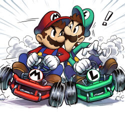  ! 2boys blue_overalls boots brothers brown_boots brown_hair facial_hair gloves go-kart green_hat green_shirt hat highres looking_at_another luigi male_focus mario mario_&amp;_luigi_rpg mario_kart masanori_sato_(style) multiple_boys mustache newsboy_cap overalls red_hat red_shirt shirt short_hair siblings simple_background sitting smoke super_mario_bros. white_background white_gloves yamari_(ya_mari_6363) 