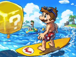  2boys ?_block alternate_costume blue-framed_eyewear blue_shirt brothers brown_hair closed_eyes clouds cumulonimbus_cloud day eyewear_on_head facial_hair green-framed_eyewear green_shorts highres innertube jewelry luigi male_focus mario mario_&amp;_luigi_rpg mario_(boxer_shorts) masanori_sato_(style) multiple_boys mustache necklace open_clothes open_mouth open_shirt outdoors palm_tree polka_dot polka_dot_shorts red_shorts shirt short_hair shorts siblings sitting solo_focus standing star-shaped_eyewear star_(symbol) star_necklace starlow sunglasses super_mario_bros. surfboard swim_ring topless_male tree water yamari_(ya_mari_6363) 
