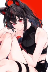  1girl ahoge animal_ear_fluff animal_ear_piercing animal_ears black_gloves black_shorts braid breasts closed_mouth commentary_request cropped_shirt crossed_bangs dark_persona double-parted_bangs extra_ears fox_ears fox_girl gloves hair_between_eyes halter_shirt halterneck hand_on_own_knee highleg highres hololive knee_up kurokami_fubuki long_hair looking_at_viewer medium_breasts red_eyes red_hair red_streaks short_shorts shorts side_braid single_braid single_glove sitting solo thigh_strap virtual_youtuber yuki_haru 