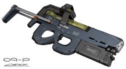  artist_name bullpup commentary_request english_text gun highres no_humans object_focus original p90 peter_(peter6409) signature simple_background submachine_gun weapon weapon_focus white_background 