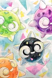  commentary english_commentary highres minior minior_(core) minior_(green_core) minior_(orange_core) minior_(violet_core) mint_nappa no_humans painting_(medium) pokemon pokemon_(creature) traditional_media triangle watercolor_(medium) 