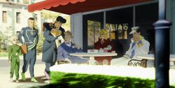  6+boys aged_up alternate_design baby bag battle_tendency belt black_hair blue_coat blue_jacket blue_pants blue_sweater_vest bow bowtie brown_bag brown_hat caesar_anthonio_zeppeli cafe cake carrying carrying_baby carrying_person catneylang coat diamond_wa_kudakenai dollar_sign english_commentary facial_mark fedora food formal_clothes gakuran gloves green_belt green_coat green_necktie green_pants green_shirt green_shoes grey_hair grey_shoes hat higashikata_josuke high_collar highres hirose_koichi holding holding_bag jacket jojo_no_kimyou_na_bouken joseph_joestar joseph_joestar_(old) kujo_jotaro long_coat long_sleeves male_focus multiple_belts multiple_boys necktie nijimura_okuyasu outdoors pants peaked_cap pink_bow pink_bowtie pink_shirt pompadour purple_shoes red_coat school_uniform shirt shizuka_joestar shoes sitting suit suit_jacket sunglasses sweater_vest table undercut walking white_coat white_gloves white_hair white_hat white_pants white_shirt yellow_hat yellow_shirt 