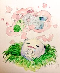  bulbasaur closed_eyes commentary_request dreaming drooling fangs highres koffing mint_nappa nidoran nidoran_(female) no_humans open_mouth painting_(medium) pokemon pokemon_(creature) simple_background traditional_media watercolor_(medium) 